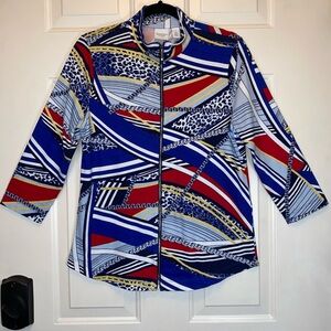 Chico’s Weekends Zip Up Jacket Size 1 (8 or M) 3/4 Sleeves Animal Print Chains
